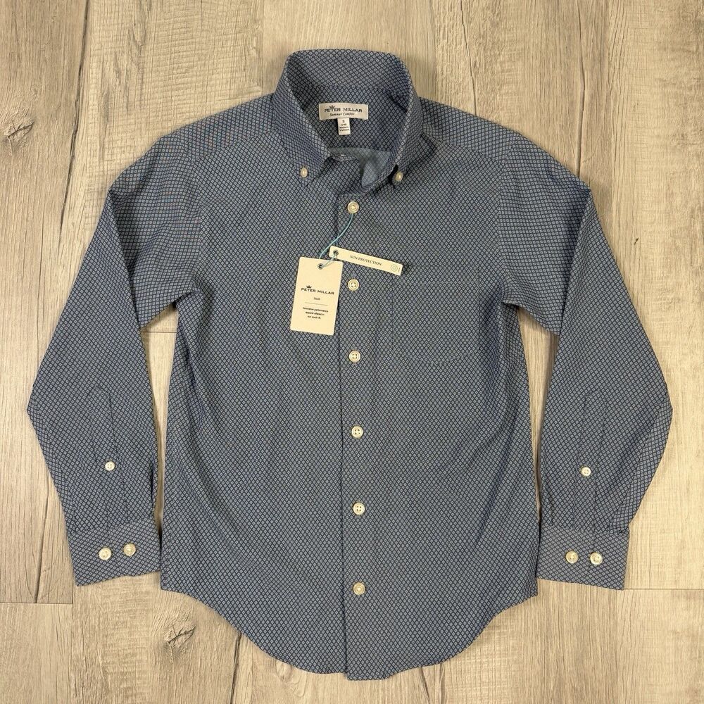 NEW NWT Peter Millar Button Down Boys Small 7-8 Youth Summer Comfort UV Navy O